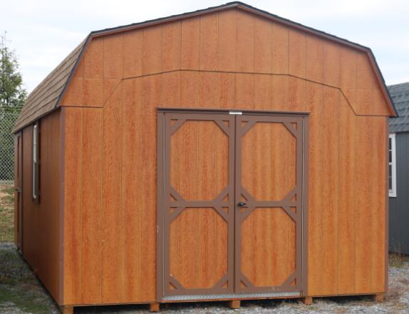 Pine Creek 12x24 HD Dutch with Rustic Cedar Polyurethane walls, Chestnut trim and Chesnut shutters, and Shakewood shingles