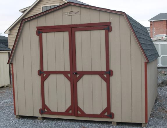 Pine Creek 10x12 Madison Mini Barn with PC Clay walls, Red trim and, Charcoal shingles